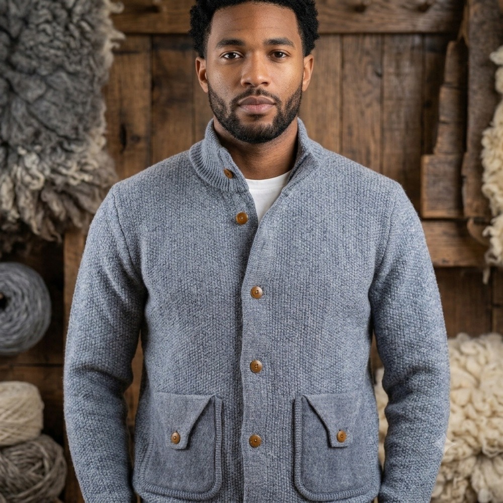 Folk Cardigan Mens 5 XL Grey 100% Merino Wool Waffle Knit Sweater Button Up